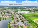 Aerial view of a house in a residential neighborhood near schools at 2847 Tarragona Way, Wesley Chapel, FL 33543