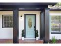 Stylish light blue front door with black accents and potted plants at 401 N Bryan Cir, Brandon, FL 33511