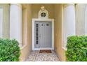 Inviting front entrance with tiled landing, decorative columns, and a stylish gray door at 1130 Big Creek Dr, Wesley Chapel, FL 33544