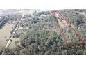 An aerial view of a property outlined in red, surrounded by lush trees, with residential buildings at 30737 Elam Rd, Wesley Chapel, FL 33545