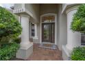 Elegant front entrance with columns and glass door at 13049 Thoroughbred Dr, Dade City, FL 33525