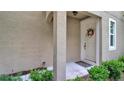 Front entrance with wreath, light fixture, and landscaping at 11638 Cambium Crown Dr, Riverview, FL 33569