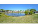 Backyard with pond view and lush green landscaping at 801 Manchester Woods Dr # 38, Sun City Center, FL 33573