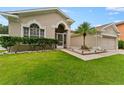 Landscaped front yard with a spacious driveway and a lovely palm tree at 19148 Dove Creek Dr, Tampa, FL 33647