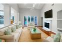 Bright living room features vaulted ceilings, fireplace, and sliding glass doors to pool at 18122 Sugar Brooke Dr, Tampa, FL 33647