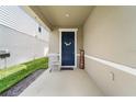 Inviting front porch features a rocking chair and a stylish blue door with a floral wreath at 10744 Hawks Landing Dr, Land O Lakes, FL 34638