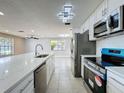 Modern kitchen with stainless steel appliances, white cabinetry, a large island, and an open layout at 7702 Ivory Ter, New Port Richey, FL 34655