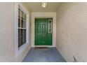 Green front door with sidelight window and small entryway at 34802 Double Eagle Ct, Zephyrhills, FL 33541