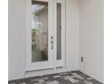 Close up of the front door, a full light door with sidelight, set in a stucco surround at 31907 Anchor Point Dr, Wesley Chapel, FL 33545