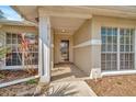 Inviting covered front porch with large windows and a well manicured landscape providing shade and privacy at 10113 Tarragon Dr, Riverview, FL 33569