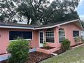 Ranch style house with pink exterior, landscaping, and a walkway at 65 Ventura Dr, Dunedin, FL 34698