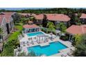 Community pool area with lounge chairs and a pergola at 15215 Amberly Dr # 206, Tampa, FL 33647
