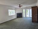 Living room featuring fireplace, balcony access, and carpet at 346 Madeira Cir, St Petersburg, FL 33715