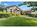 Single-story home with manicured lawn and walkway at 15212 Kestrelrise Dr, Lithia, FL 33547