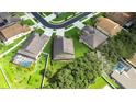 Aerial view of a residential neighborhood showcasing houses with pools and lush landscaping at 2727 Colewood Ln, Dover, FL 33527