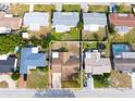 Aerial view of a single-Gathering home with a fenced backyard, located in a residential neighborhood at 5621 Moog Rd, New Port Richey, FL 34652