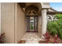 Elegant entryway showcasing a stylish maroon door with glass panels, complemented by a brick pathway and lush tropical landscaping at 1342 Salmonberry St, Wesley Chapel, FL 33543