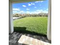 A lush green backyard, perfect for outdoor entertaining, viewed from the covered patio at 31895 Anchor Point Dr, Wesley Chapel, FL 33545