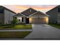 Two-car garage and front yard view of house exterior at dusk at 15502 Black Pepper Ln, Odessa, FL 33556