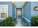 Inviting front entrance with gray door and landscaping at 8852 Prairie Creek Dr, New Port Richey, FL 34655