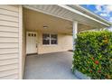 Covered entryway with white door, window, and lush landscaping at 3525 Umber Rd, Holiday, FL 34691