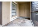 Small condo patio with a screened enclosure and storage at 14323 Hanging Moss Cir # 102, Tampa, FL 33613
