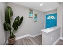 Bright entryway featuring a vibrant blue front door, wood-look flooring, and stylish tropical-themed artwork at 5721 12Th S Ave, Gulfport, FL 33707