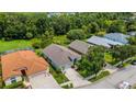 A high angle aerial view shows backyard green space and the home's location with well-maintained lawns at 27542 Sky Lake Circle, Wesley Chapel, FL 33544
