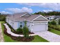 Single-story home with gray siding, tile roof, and landscaped yard at 29456 Velletri Ln, Wesley Chapel, FL 33543