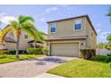 Tan two-story house with red door, palm trees at 20028 Satin Leaf Ave, Tampa, FL 33647