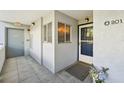 Condo unit entrance with blue door and potted plants at 1050 Riverside Dr # A201, Palmetto, FL 34221