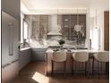 Modern kitchen with gray cabinets, marble counters, island with seating, and glass-front upper cabinets at 4441 Pompano Se Dr, St Petersburg, FL 33705
