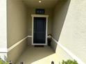 Front entry with dark blue door and scarecrow decoration at 8519 Sunshower Pl, Parrish, FL 34219