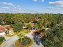 Aerial view of a single Gathering home with circular driveway, lush landscaping, and mature trees at 5479 Blue Heron Ln, Wesley Chapel, FL 33543