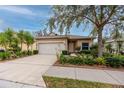 Tan house with white garage door and landscaping at 7820 Harbor Bridge, New Port Richey, FL 34654