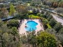 Aerial view of community pool with surrounding lounge chairs and landscaping at 1028 Orca Ct, Holiday, FL 34691