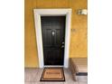 Black front door with welcome mat and bench at 1910 E Palm Ave # 13102, Tampa, FL 33605