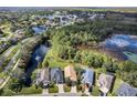 An aerial view showcasing a community of homes near a pond at 10097 Holly Berry Dr, Weeki Wachee, FL 34613