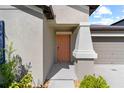 Front entry with coral door and sidelights at 15410 Miller Creek Dr, Ruskin, FL 33573