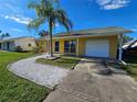Exterior view of a yellow house with a palm tree and a white rock pathway at 3141 Ludlow Dr, New Port Richey, FL 34655