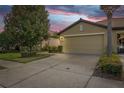 Home exterior with attached two-car garage and lush landscaping at 5641 Sunset Falls Dr, Apollo Beach, FL 33572