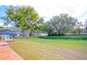 Large backyard with mature trees, grassy area, and a wooden deck at 2311 Gnarled Oak Ave, Lutz, FL 33549