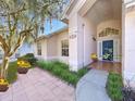 Inviting home exterior featuring a landscaped walkway and a charming front entrance at 4799 Klosterman Oaks Blvd, Palm Harbor, FL 34683