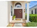 Elegant front entrance with double doors, a wreath, and potted plants at 17929 Timber View St, Tampa, FL 33647