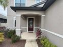 Front entrance with covered porch and decorative plants at 12149 Creek Preserve Dr, Riverview, FL 33579