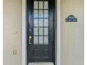 Black front door with glass panes and gold handle at 10130 Balcony St, New Port Richey, FL 34655