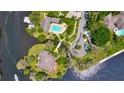 Bird's-eye view of waterfront property with pool and lush landscaping at 5329 Richey Dr, New Port Richey, FL 34652