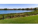 Community lake view with green space and townhomes in the background at 4904 Barnstead Dr, Riverview, FL 33578