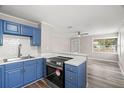 Blue kitchen with stainless steel appliances and white countertops at 5048 5Th S Ave, St Petersburg, FL 33707