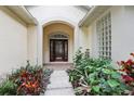 Inviting entryway with a charming wooden door and neatly landscaped walkway at 8719 Ashworth Dr, Tampa, FL 33647